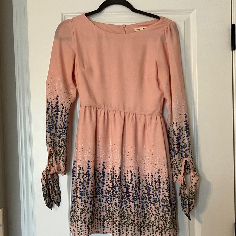 Copper Key Blush Dress with Navy and Olive Floral Pattern